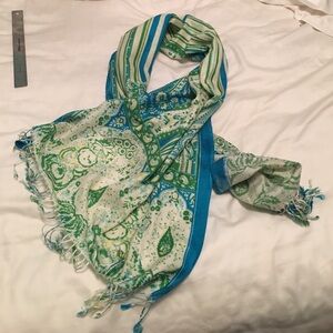 pashmina Blue and Green Paisley Fringe Scarf Wrap